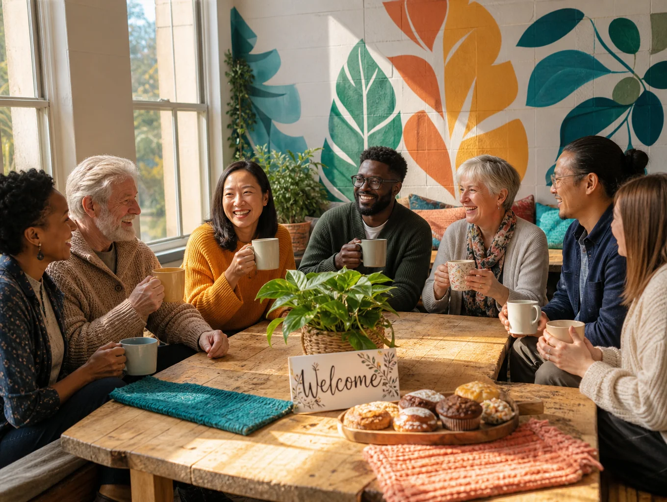 Neighbors sharing a warm conversation at a community cafe