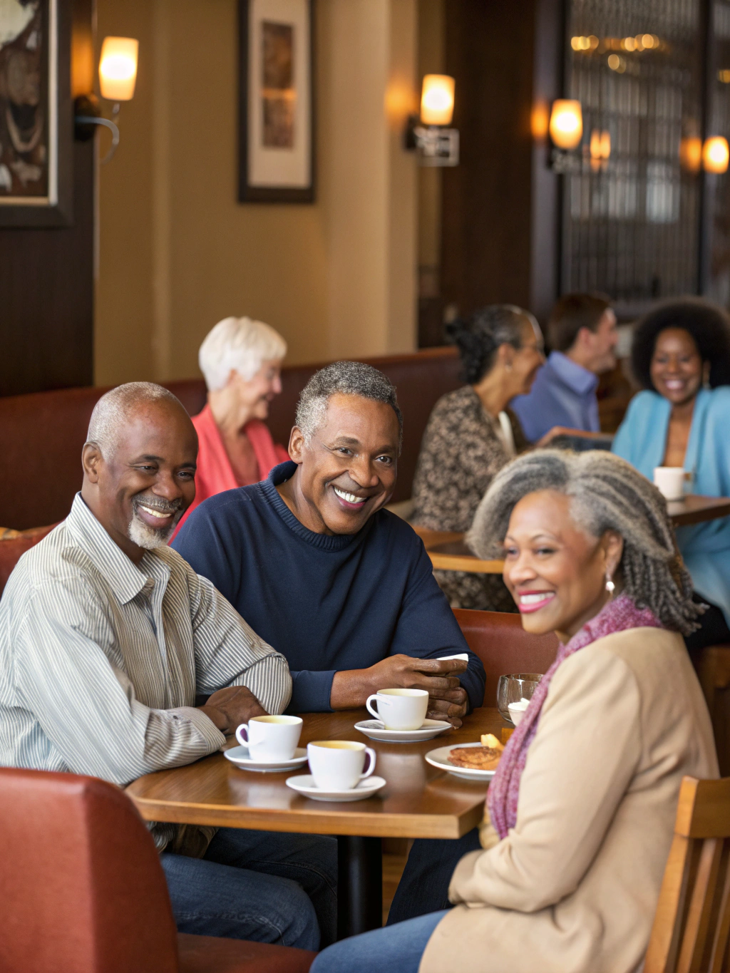 Group of diverse neighbors talking in a bright cafe