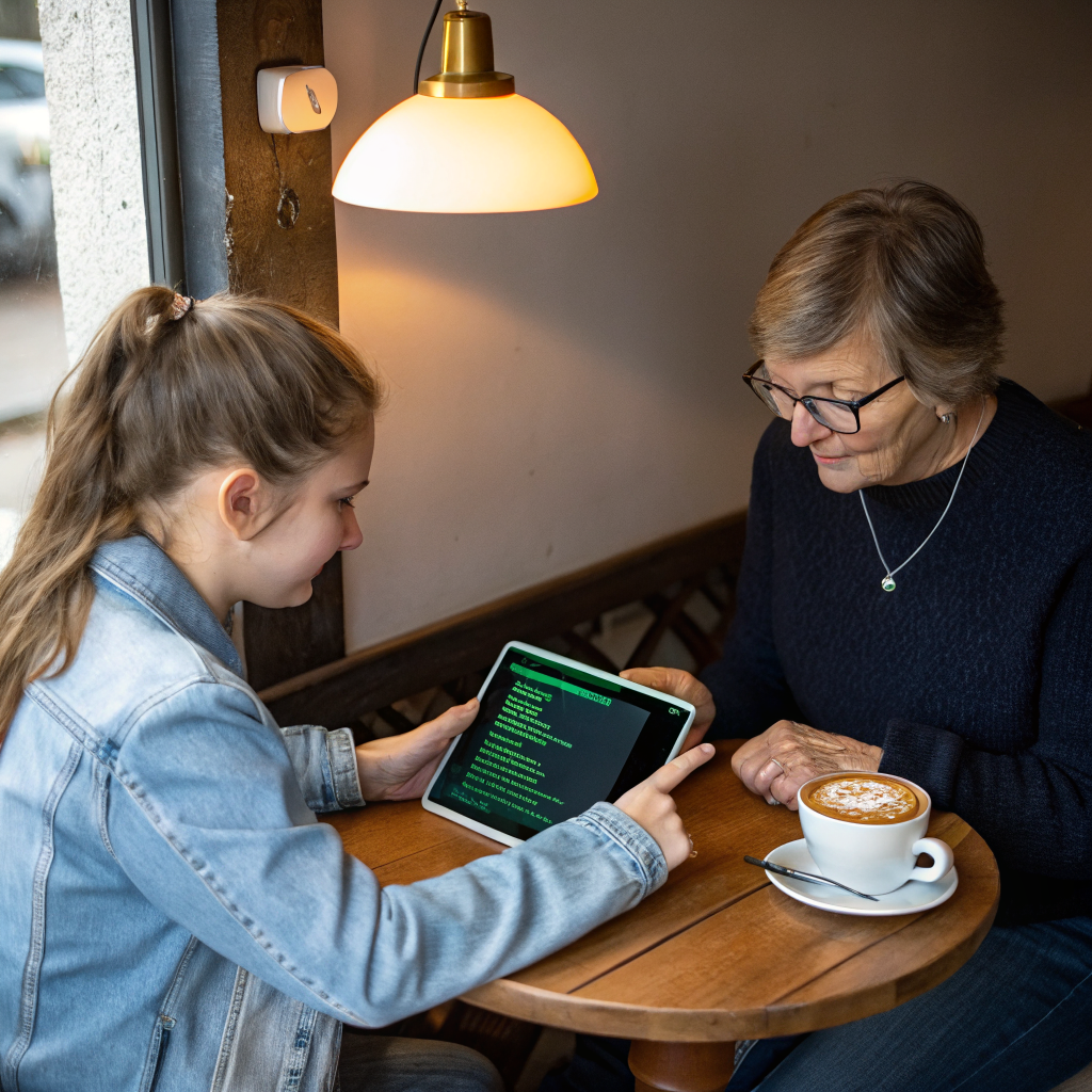 Older and younger person helping each other