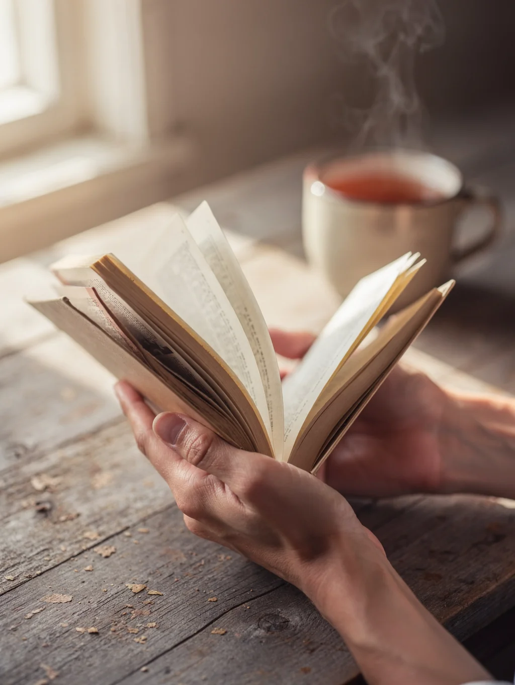 Older and younger hands holding a book together