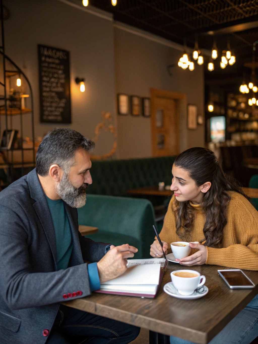 Older mentor talking with a young person in a cafe